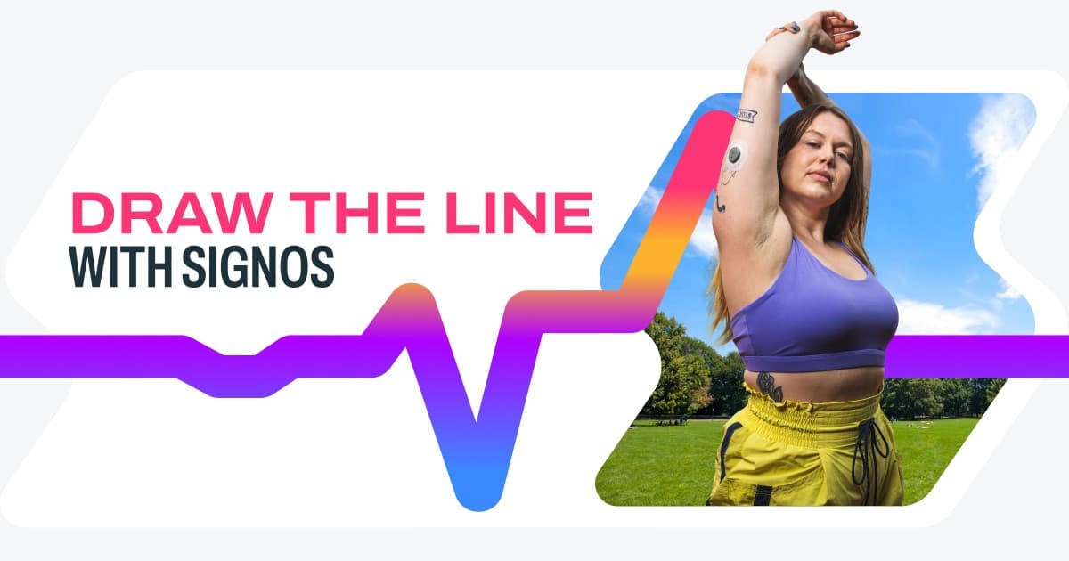 Draw the Line campaign still: Signos wordmark and a member stretching outdoors with a CGM visible on her arm