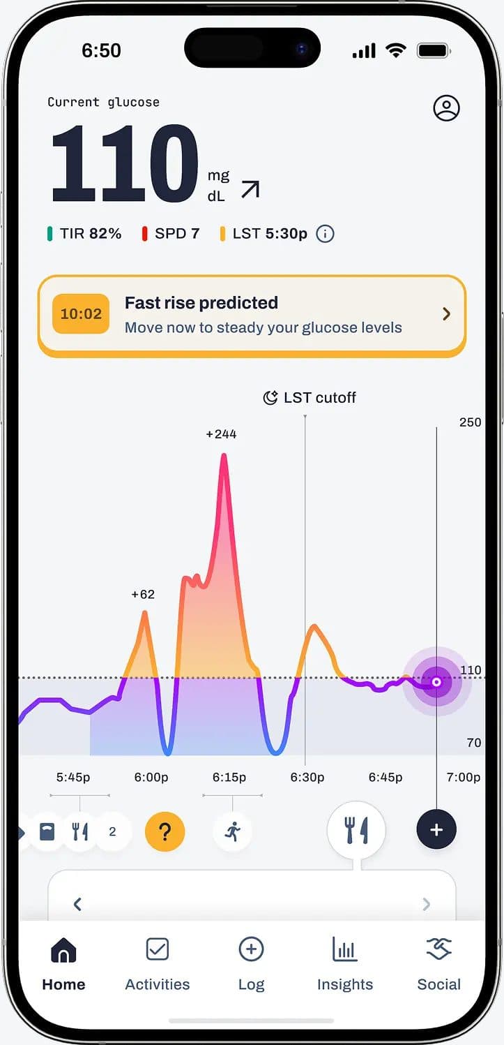 Signos iPhone app home screen showing current glucose, a predicted fast rise, and the color-graded curve