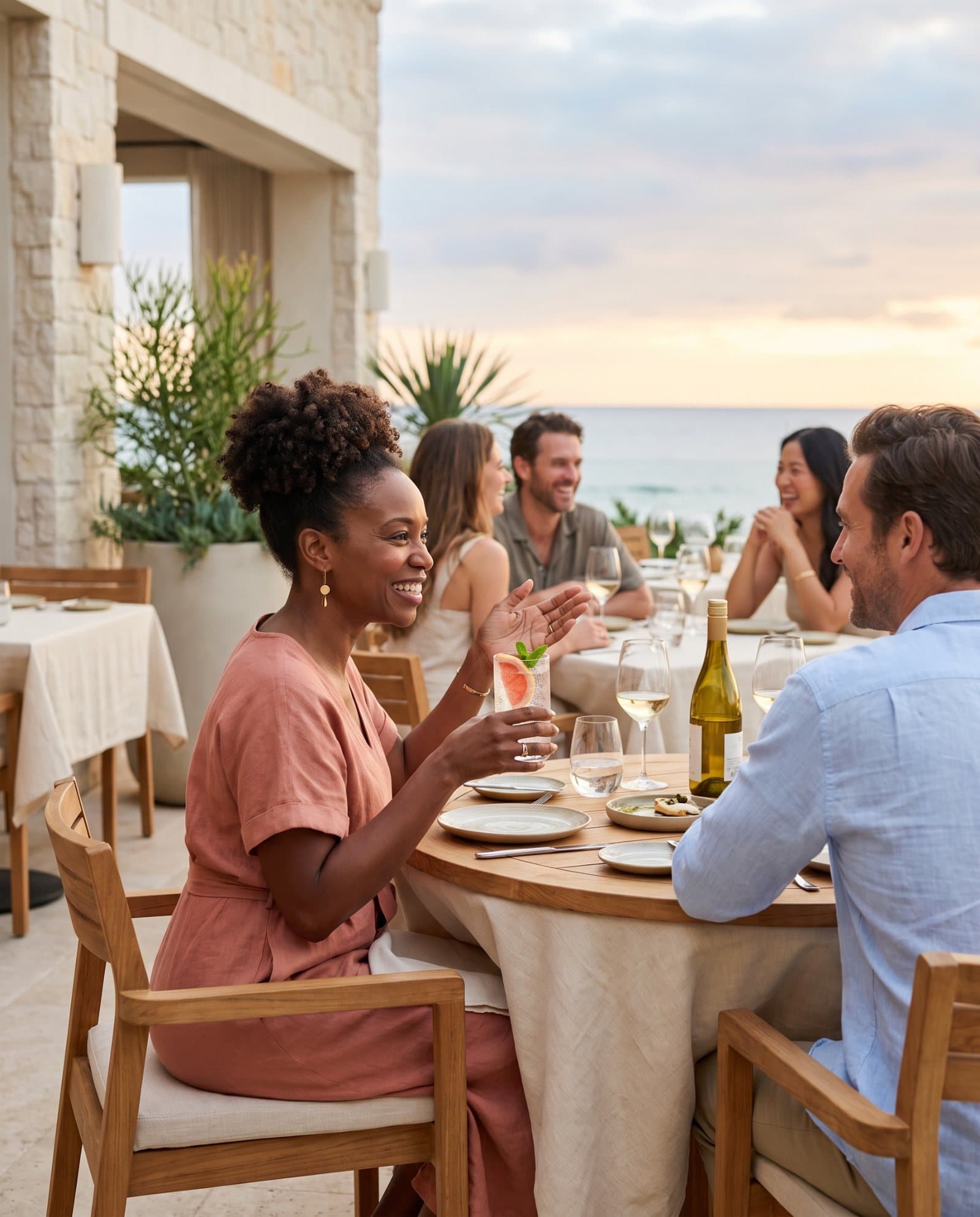 Couple dining outdoors at a coastal restaurant
