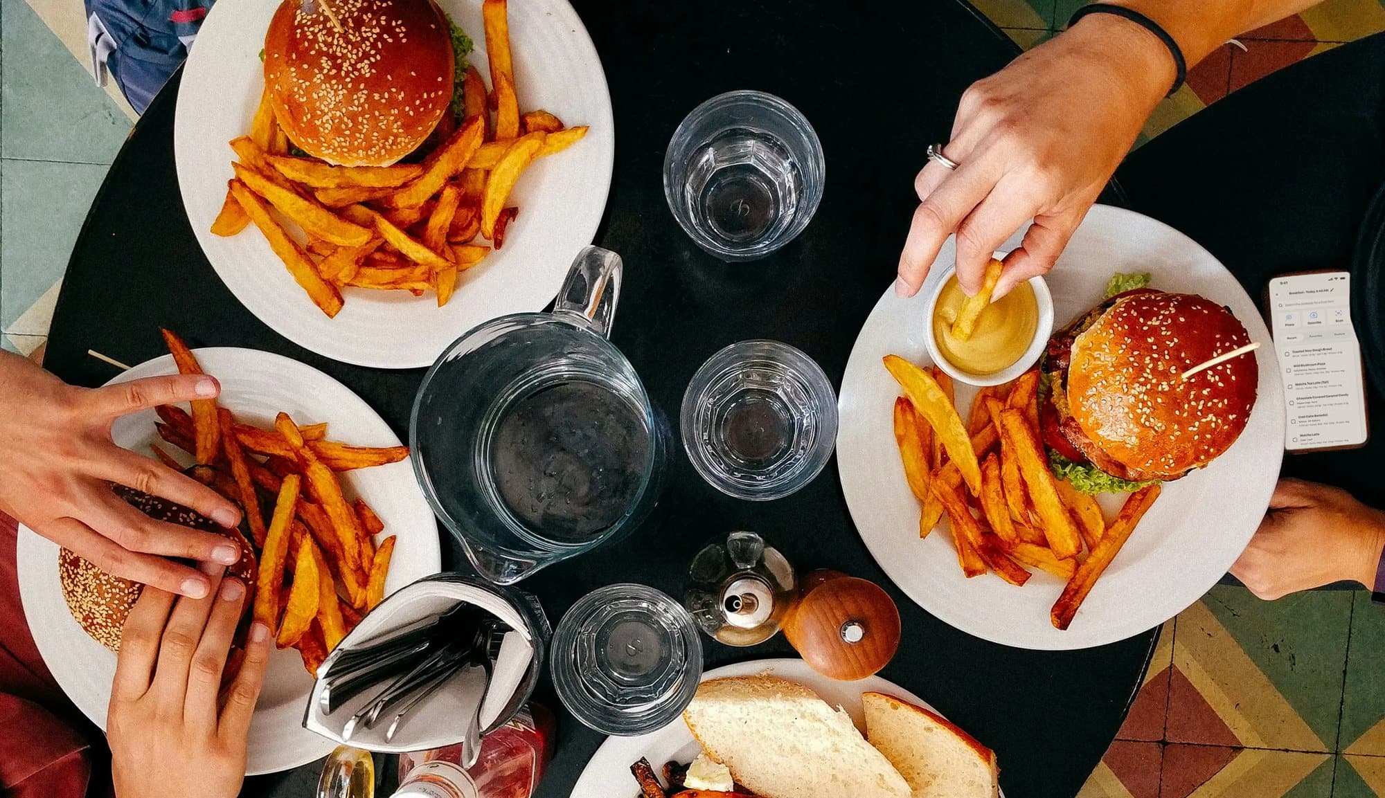 Overhead of a burger and fries, high-appetite food photography