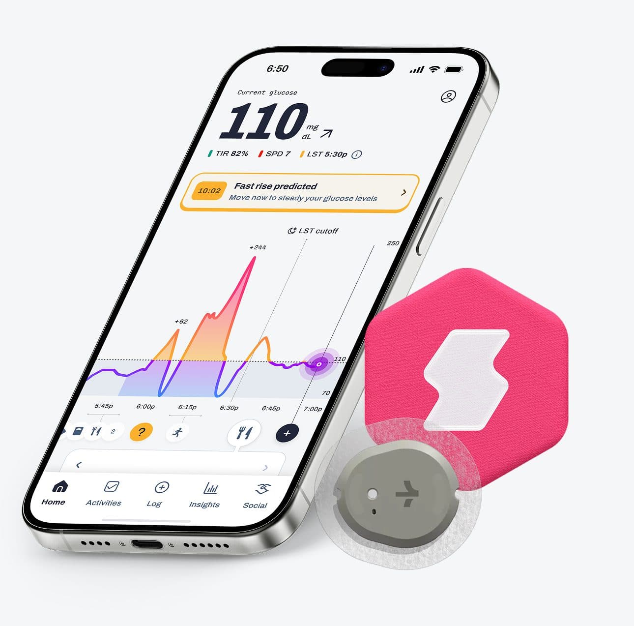 Signos app on a phone beside a CGM sensor and a cerise hexagonal patch with the S mark