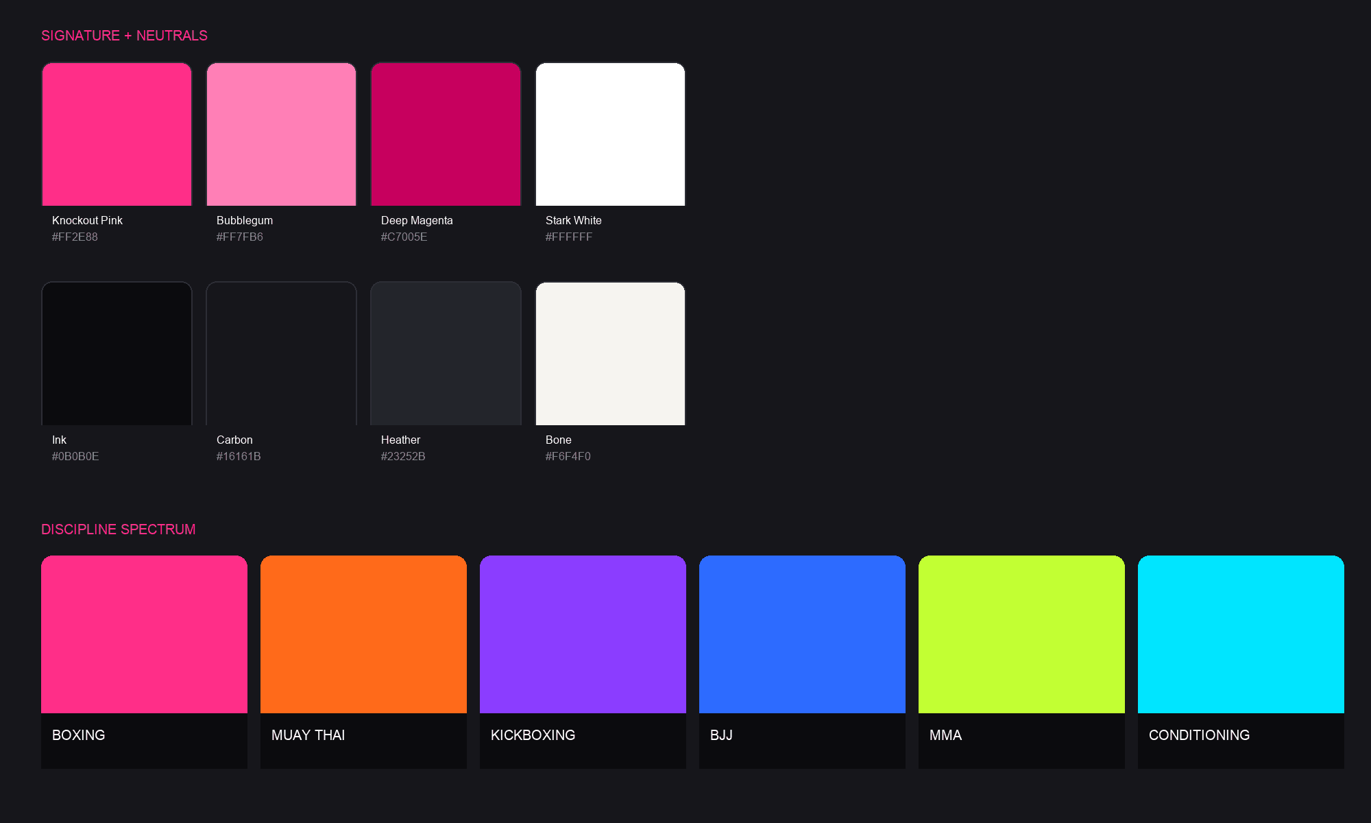 Femme Fight Club color palette and discipline spectrum